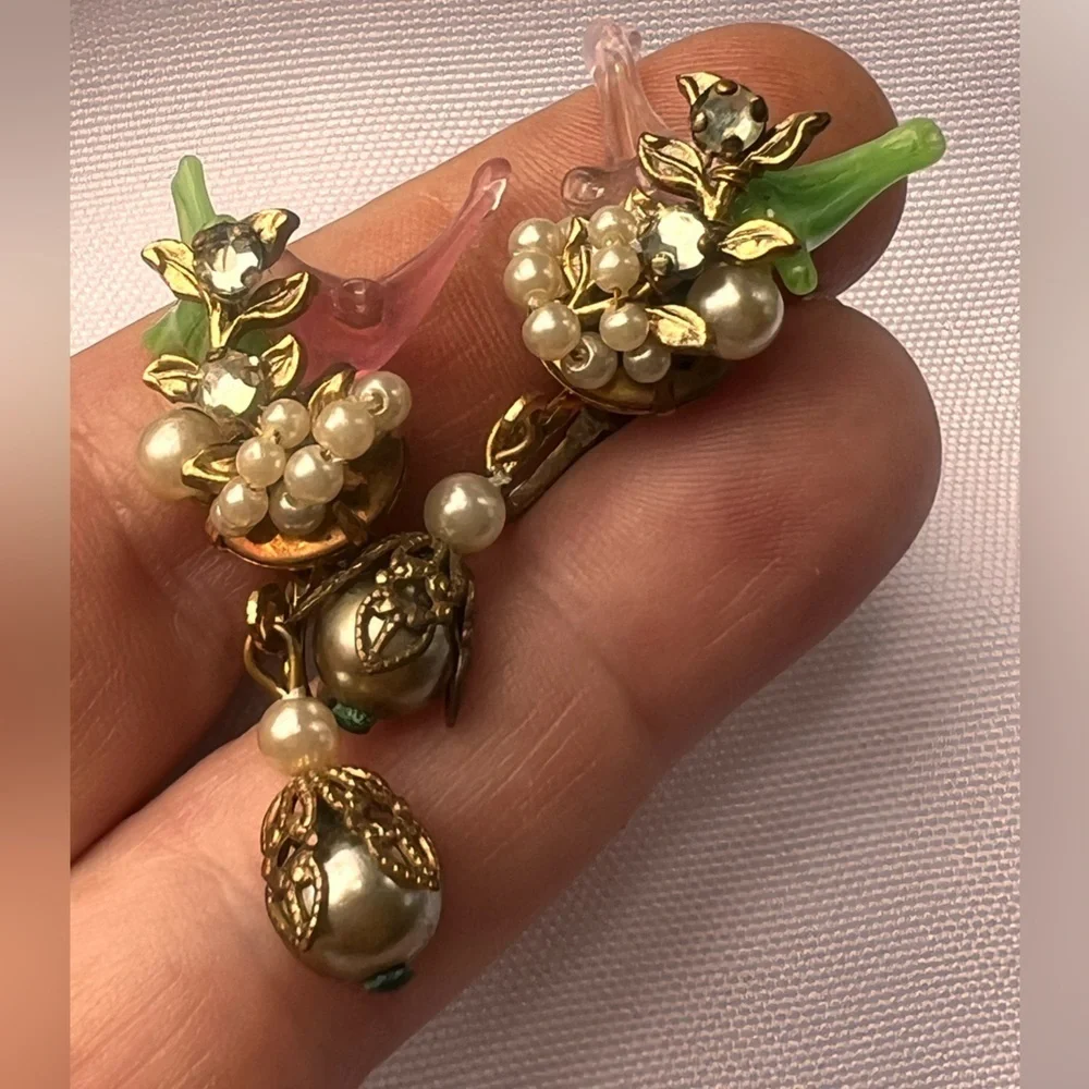 Vintage Rare Early Miriam Haskell Robert Brass Filigree glass leaf Earrings Set